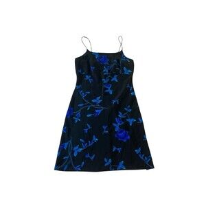 VTG 90 Jodi Michaels Floral Slip Dress Black Royal Blue Floral Spaghetti Strap M